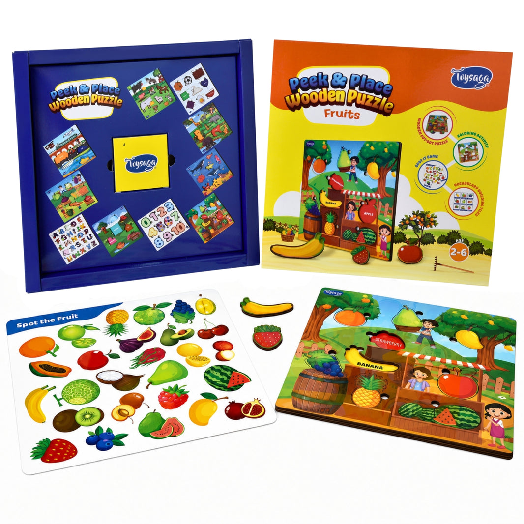 Toysaga Peek & Place Wooden Fruits Educational Puzzle for Kids with 4 Learning Activity