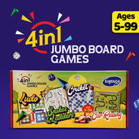 4 in 1 Jumbo Board Games - Ludo, Snakes & Ladders, Cricket, Car Racing