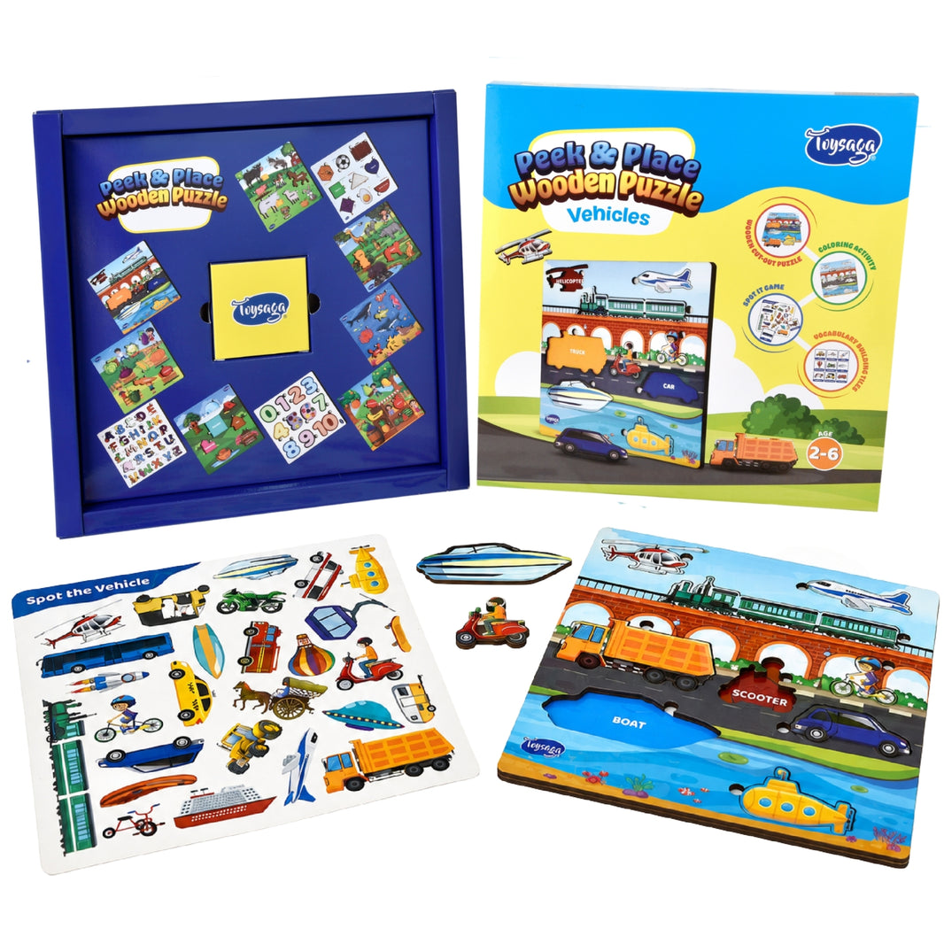 Toysaga Peek & Place Wooden Vehicle Puzzle for Kids with 4 Fun Learning Activities