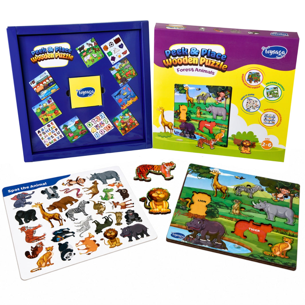 Toysaga Peek & Place Wooden Forest Animals Puzzle for Kids with 4 Learning Activities