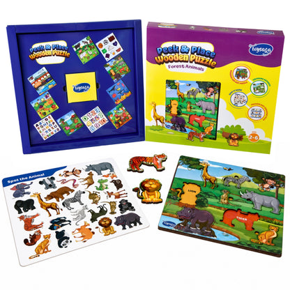Toysaga Peek & Place Wooden Forest Animals Puzzle for Kids with 4 Learning Activities
