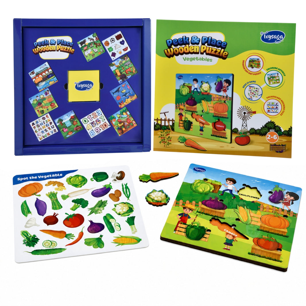 Toysaga Peek & Place Wooden Vegetables Puzzle for Kids with 4 Fun Learning Activities