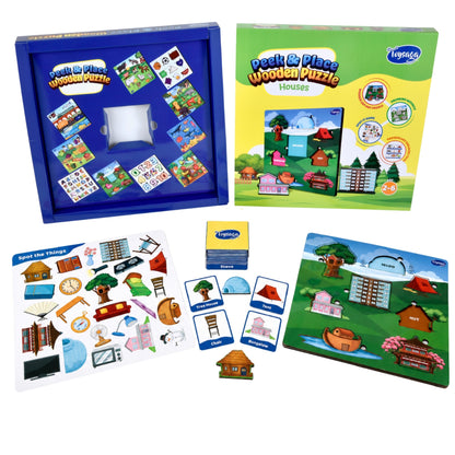 Toysaga Peek & Place Wooden Houses Puzzle for Kids with 4 Fun Learning Activities