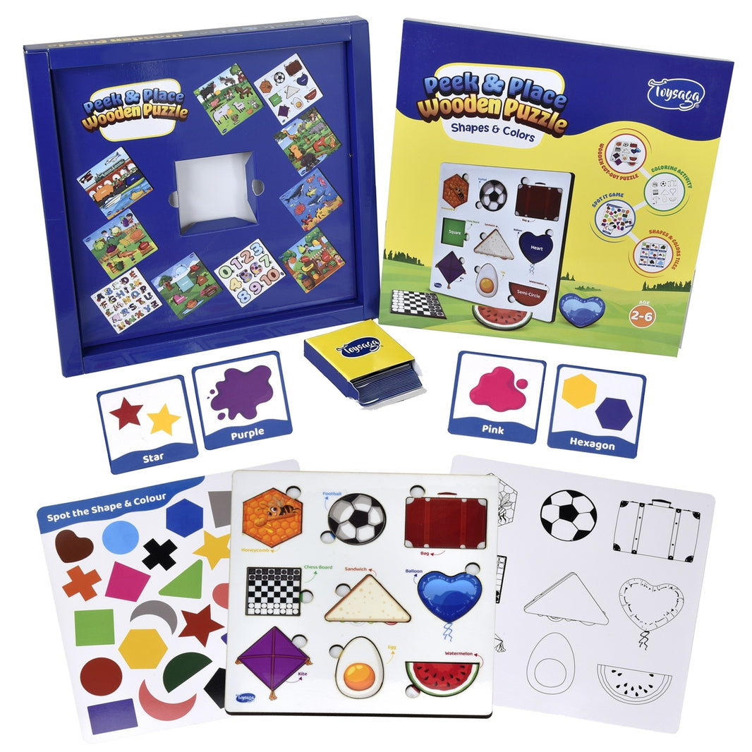 Toysaga Peek & Place Wooden Shapes & Colors Puzzle for Kids with 4 Learning Activities