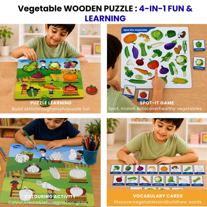 Toysaga Peek & Place Wooden Vegetables Puzzle for Kids with 4 Fun Learning Activities