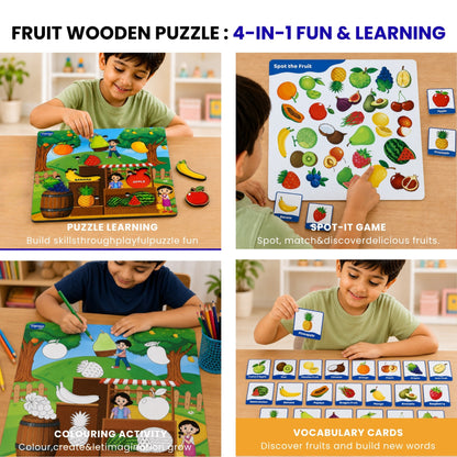 Toysaga Peek & Place Wooden Fruits Educational Puzzle for Kids with 4 Learning Activity