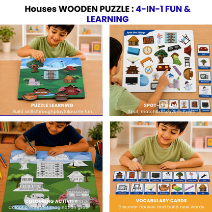 Toysaga Peek & Place Wooden Houses Puzzle for Kids with 4 Fun Learning Activities