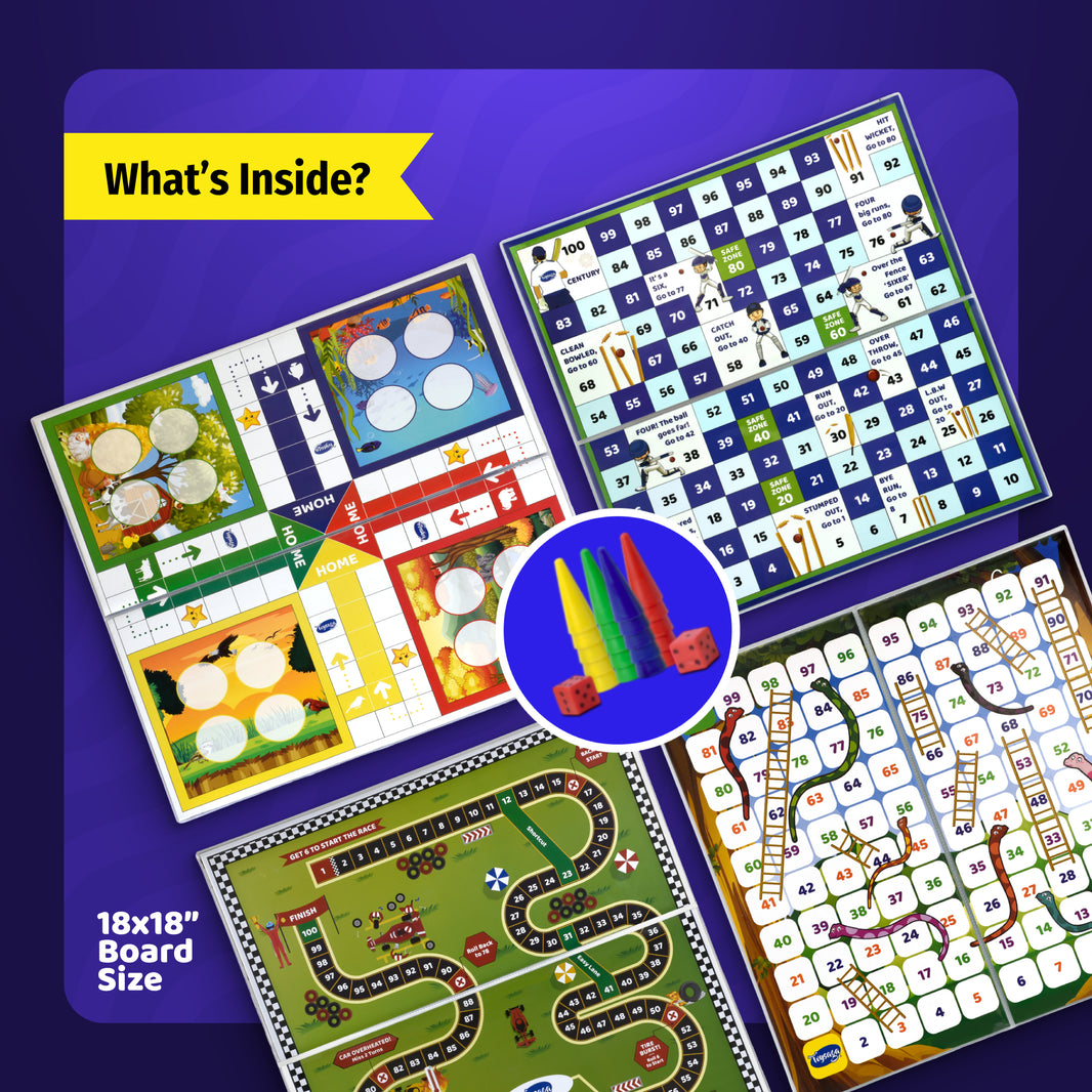 4 in 1 Jumbo Board Games - Ludo, Snakes & Ladders, Cricket, Car Racing