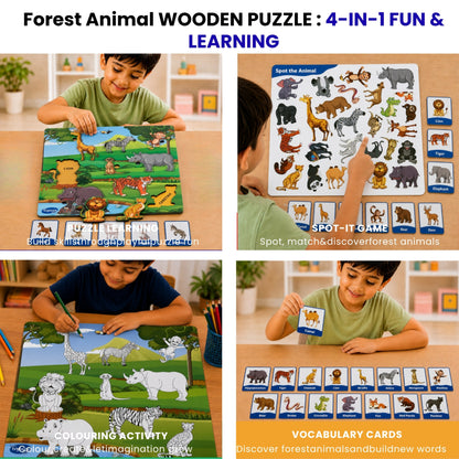 Toysaga Peek & Place Wooden Forest Animals Puzzle for Kids with 4 Learning Activities