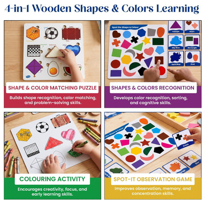 Toysaga Peek & Place Wooden Shapes & Colors Puzzle for Kids with 4 Learning Activities