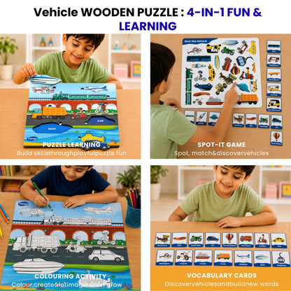 Toysaga Peek & Place Wooden Vehicle Puzzle for Kids with 4 Fun Learning Activities