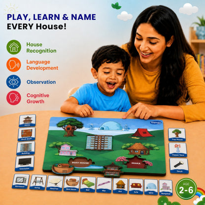 Toysaga Peek & Place Wooden Houses Puzzle for Kids with 4 Fun Learning Activities
