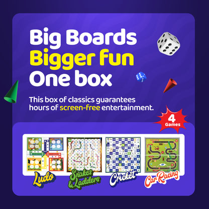 4 in 1 Jumbo Board Games - Ludo, Snakes & Ladders, Cricket, Car Racing