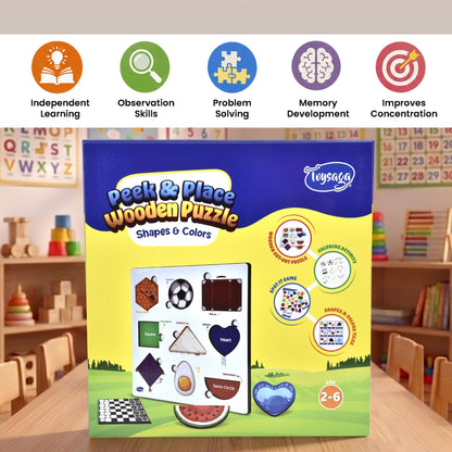 Toysaga Peek & Place Wooden Shapes & Colors Puzzle for Kids with 4 Learning Activities