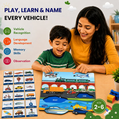 Toysaga Peek & Place Wooden Vehicle Puzzle for Kids with 4 Fun Learning Activities