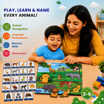 Toysaga Peek & Place Wooden Forest Animals Puzzle for Kids with 4 Learning Activities
