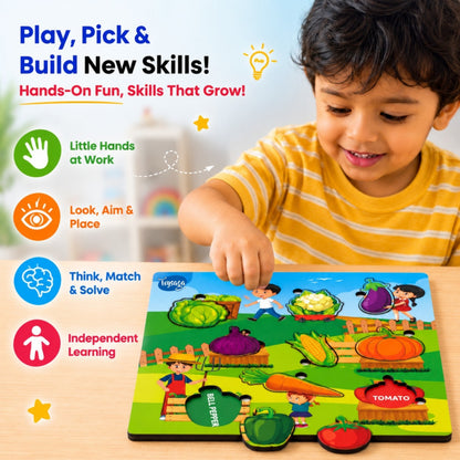 Toysaga Peek & Place Wooden Vegetables Puzzle for Kids with 4 Fun Learning Activities