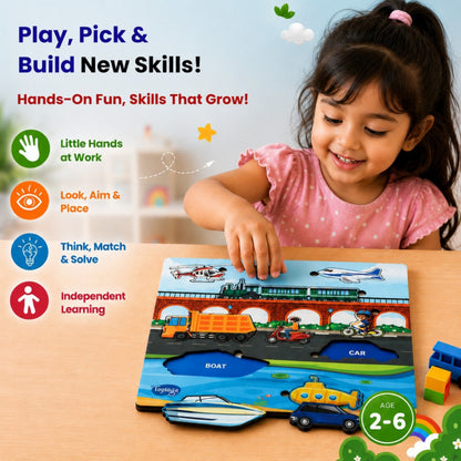 Toysaga Peek & Place Wooden Vehicle Puzzle for Kids with 4 Fun Learning Activities