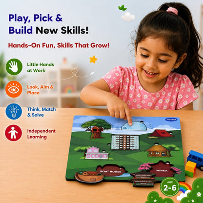 Toysaga Peek & Place Wooden Houses Puzzle for Kids with 4 Fun Learning Activities