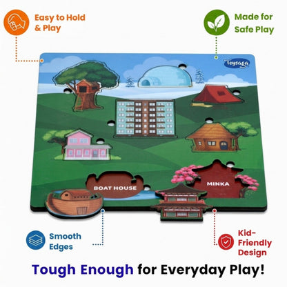 Toysaga Peek & Place Wooden Houses Puzzle for Kids with 4 Fun Learning Activities