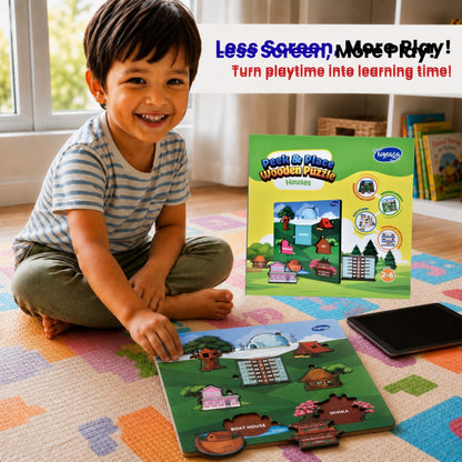 Toysaga Peek & Place Wooden Houses Puzzle for Kids with 4 Fun Learning Activities