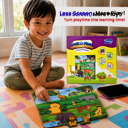 Toysaga Peek & Place Wooden Forest Animals Puzzle for Kids with 4 Learning Activities