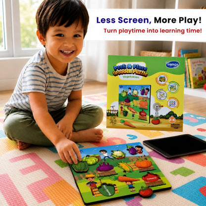 Toysaga Peek & Place Wooden Vegetables Puzzle for Kids with 4 Fun Learning Activities