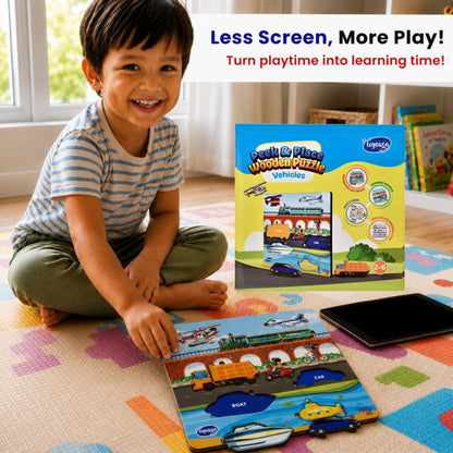 Toysaga Peek & Place Wooden Vehicle Puzzle for Kids with 4 Fun Learning Activities