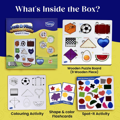 Toysaga Peek & Place Wooden Shapes & Colors Puzzle for Kids with 4 Learning Activities
