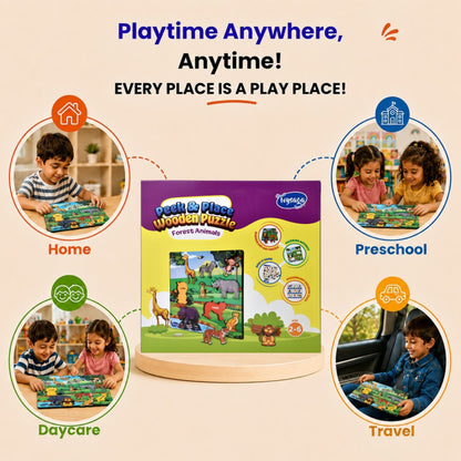 Toysaga Peek & Place Wooden Forest Animals Puzzle for Kids with 4 Learning Activities