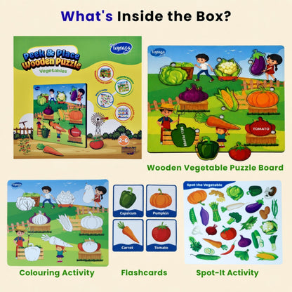 Toysaga Peek & Place Wooden Vegetables Puzzle for Kids with 4 Fun Learning Activities