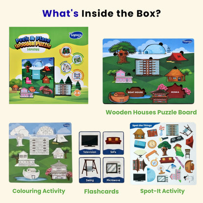 Toysaga Peek & Place Wooden Houses Puzzle for Kids with 4 Fun Learning Activities