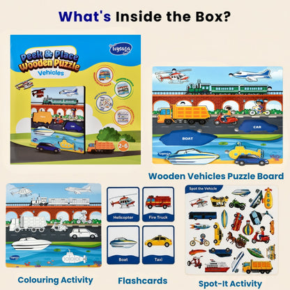 Toysaga Peek & Place Wooden Vehicle Puzzle for Kids with 4 Fun Learning Activities