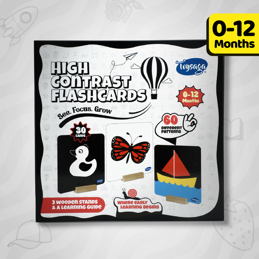 High Contrast Flash Cards for Newborns & Infants, 30 Double Sided Cards With Wooden Stands