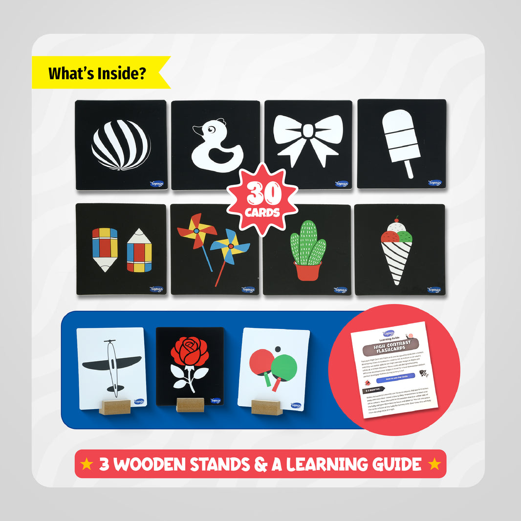 High Contrast Flash Cards for Newborns & Infants, 30 Double Sided Cards With Wooden Stands