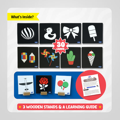 High Contrast Flash Cards for Newborns & Infants, 30 Double Sided Cards With Wooden Stands