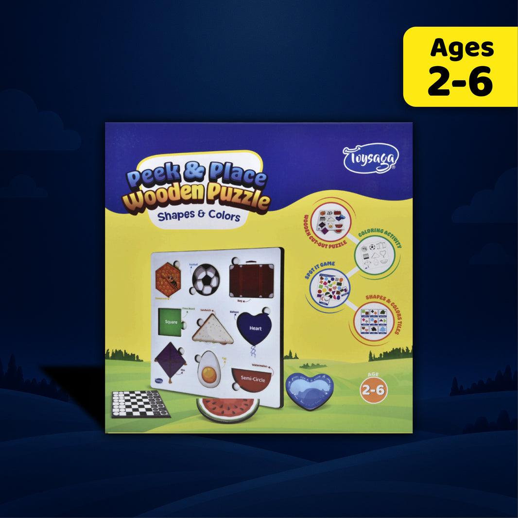 Toysaga Peek & Place Wooden Shapes & Colors Puzzle for Kids with 4 Learning Activities