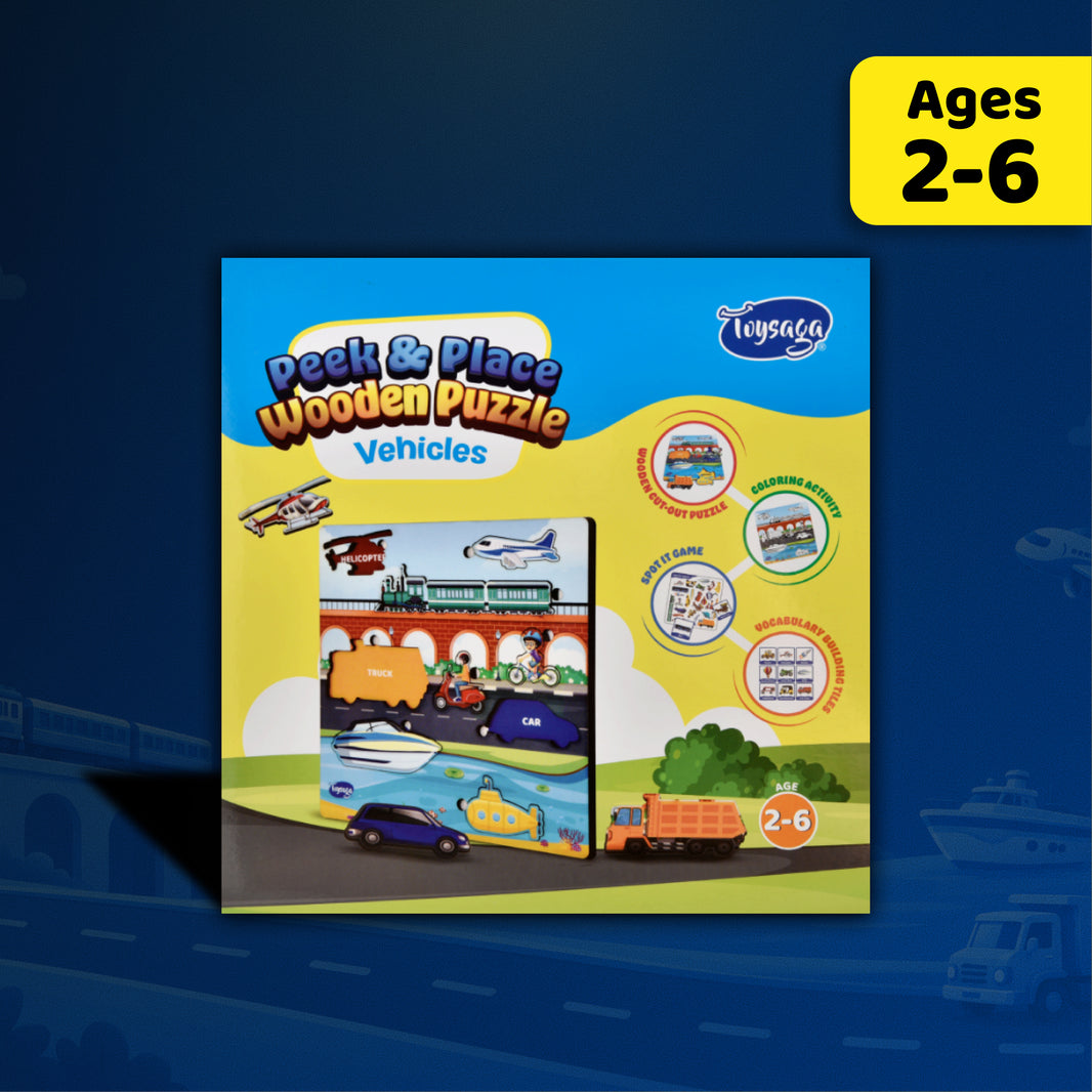 Toysaga Peek & Place Wooden Vehicle Puzzle for Kids with 4 Fun Learning Activities