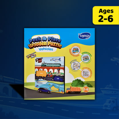 Toysaga Peek & Place Wooden Vehicle Puzzle for Kids with 4 Fun Learning Activities