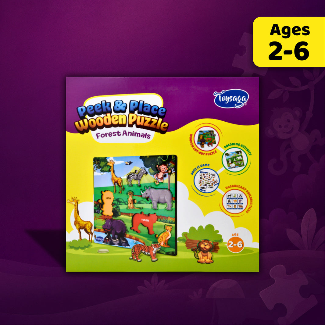 Toysaga Peek & Place Wooden Forest Animals Puzzle for Kids with 4 Learning Activities
