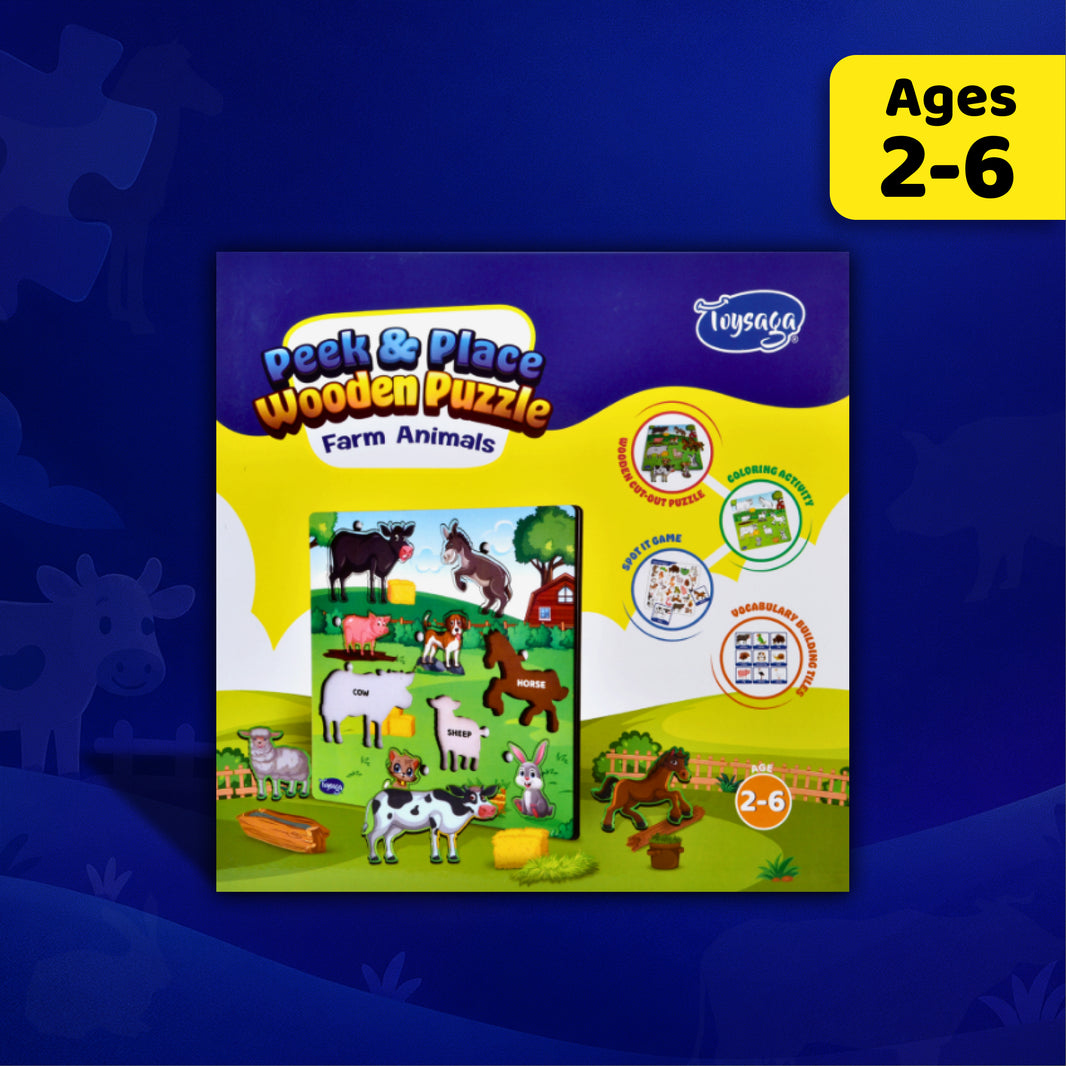 Toysaga Peek & Place Wooden Farm Animals Puzzle for Kids with 4 Fun Learning Activities