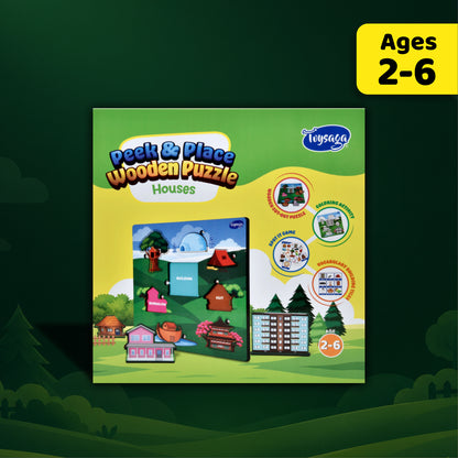 Toysaga Peek & Place Wooden Houses Puzzle for Kids with 4 Fun Learning Activities
