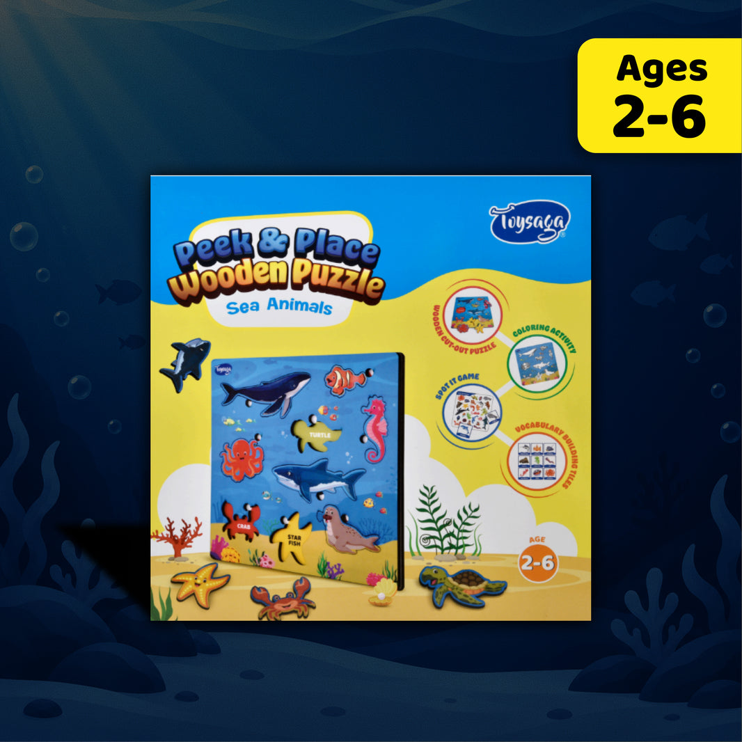Toysaga Peek & Place Wooden Sea Animals Puzzle for Kids with 4 Learning Activities