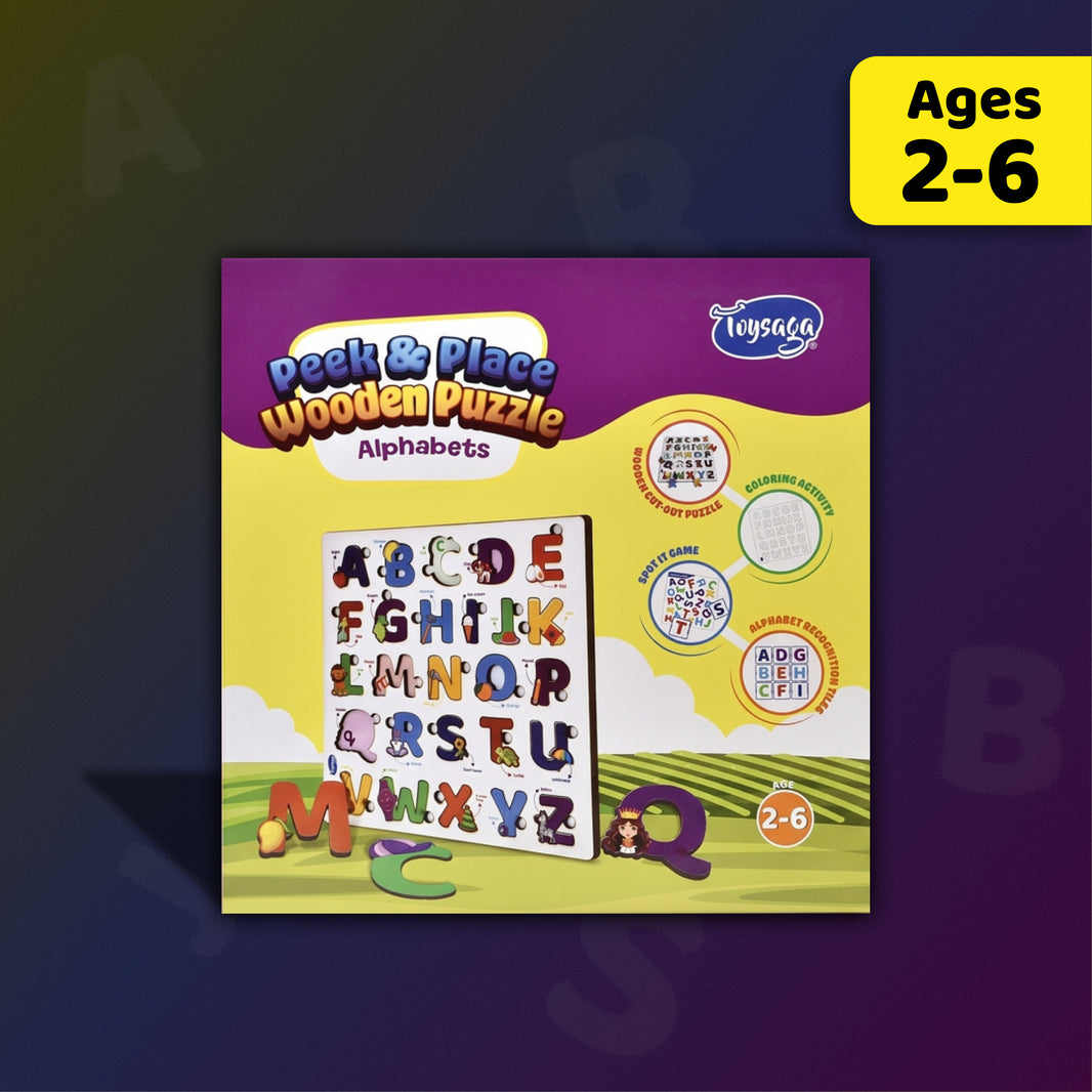 Toysaga Peek & Place Wooden Alphabet Puzzle for Kids with 4 Fun Learning Activities