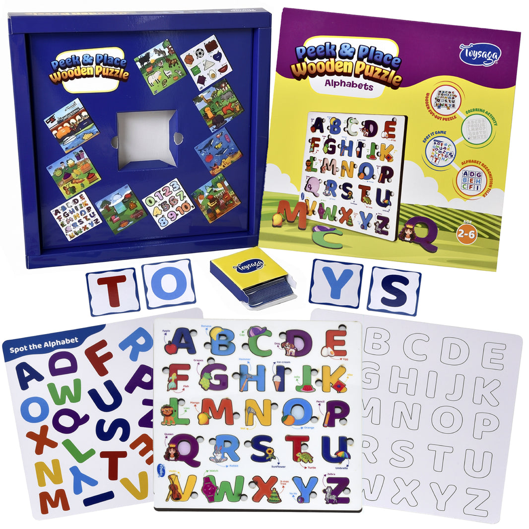 Toysaga Peek & Place Wooden Alphabet Puzzle for Kids with 4 Fun Learning Activities
