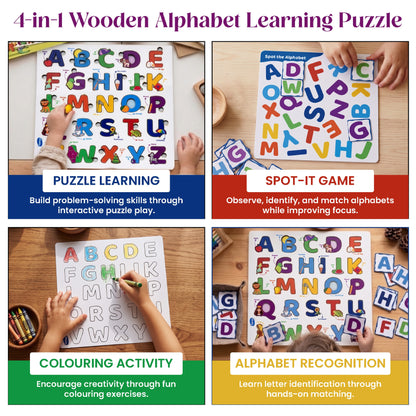 Toysaga Peek & Place Wooden Alphabet Puzzle for Kids with 4 Fun Learning Activities