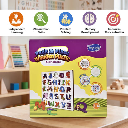Toysaga Peek & Place Wooden Alphabet Puzzle for Kids with 4 Fun Learning Activities