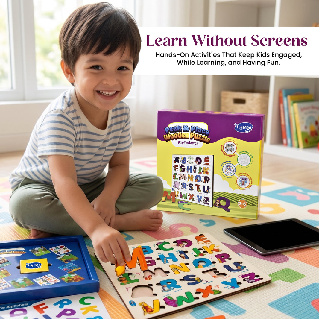 Toysaga Peek & Place Wooden Alphabet Puzzle for Kids with 4 Fun Learning Activities