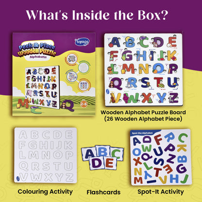 Toysaga Peek & Place Wooden Alphabet Puzzle for Kids with 4 Fun Learning Activities