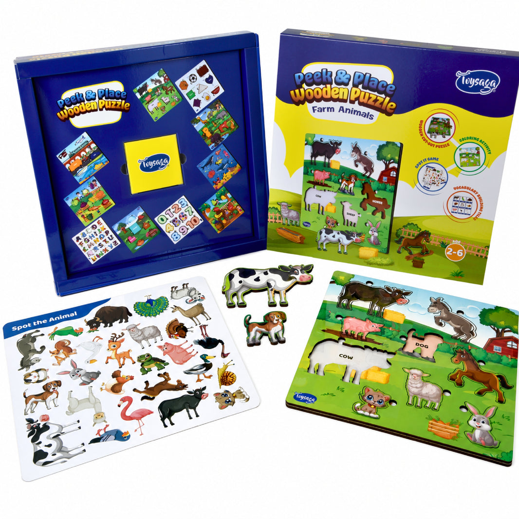 Toysaga Peek & Place Wooden Farm Animals Puzzle for Kids with 4 Fun Learning Activities
